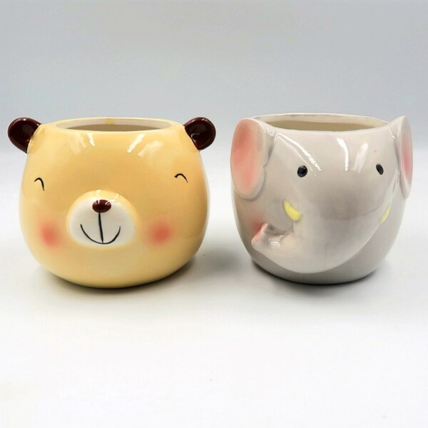 Cachepo De Ceramica - Kit Melhores Amigos - Urso Pardo E Elef