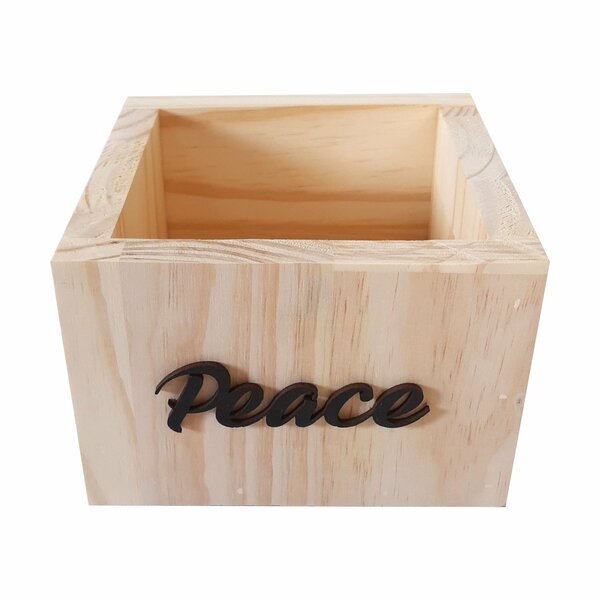 Cachepô De Madeira Pinus Com Palavra Em Relevo Peace 15x15x10
