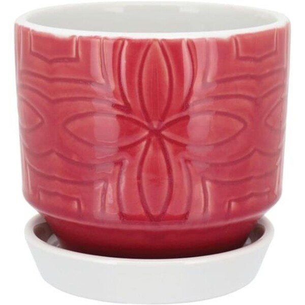 Cachepot Com Prato Acoplado Cerâmica Vermelho Veneranda 15 X