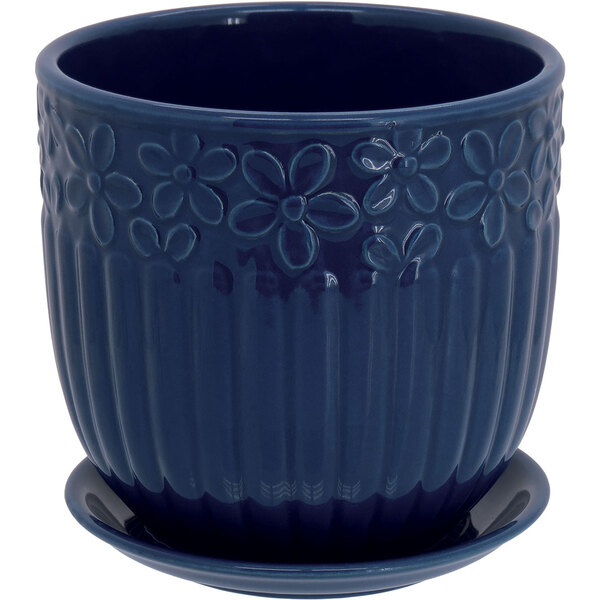 Cachepot Em Cerâmica Azul Com Prato Acoplado 15x15cm