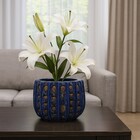 Cachepot Pequeno Cerâmica 13x17,5cm Redondo Vietinamita Azul com Marrom CMR