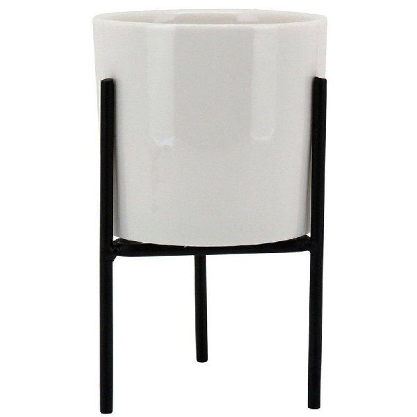 Cachepot Vaso Ceramica Branco Suporte Preto 14x8cm Gs 3114136