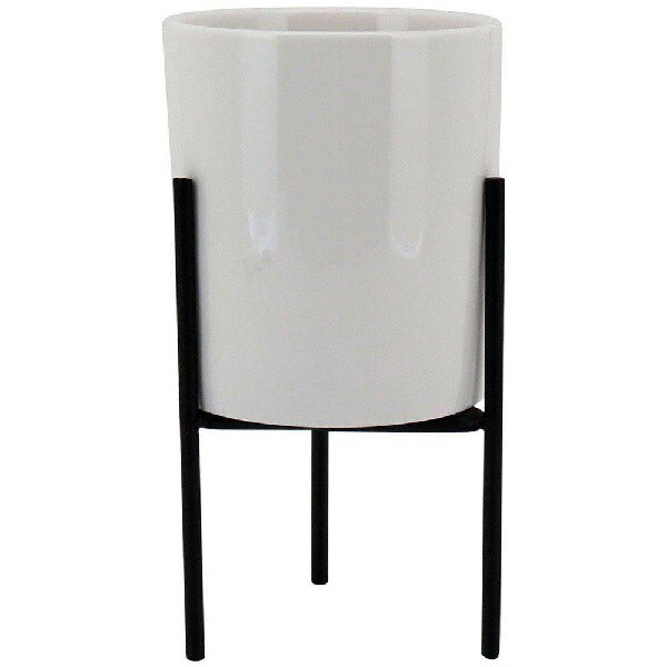 Cachepot Vaso Ceramica Branco Suporte Preto 16x8cm Gs 3114136