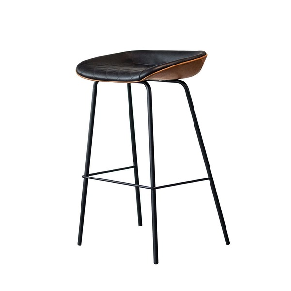 Cadeira Banqueta Alta Com Assento Estofado Em Couro Preto E M