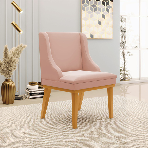 Cadeira De Jantar Liz Veludo Rosê Base Fixa Madeira Castanho