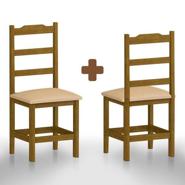 Cadeira De Madeira Maciça Com Estofado 2 Unidades Imbuia Bege