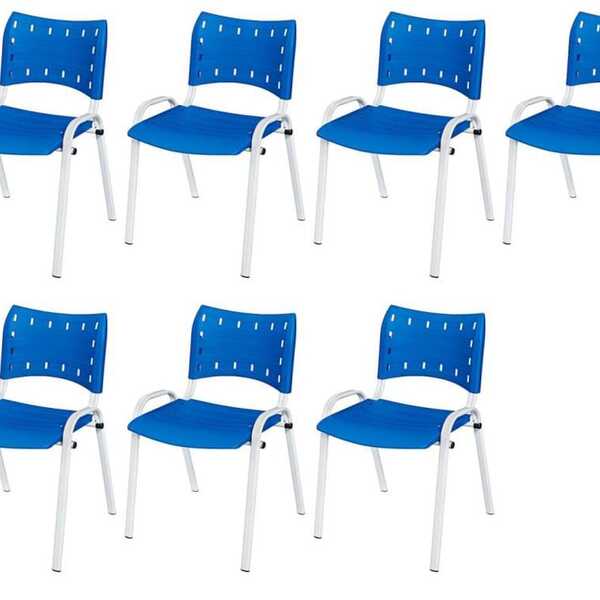 Cadeira Iso Base Branco Escola, Escritório Azul Kit 7 Un
