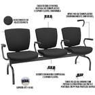 Cadeira Longarina 3 Lugares Aeroporto Recepção Preto Baixa Fl