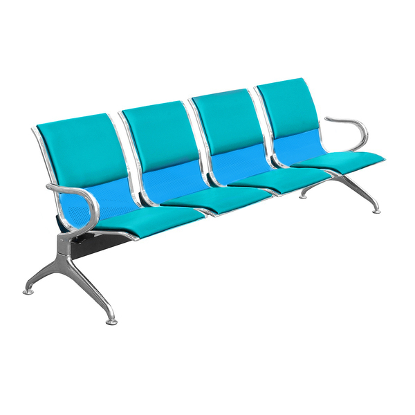 Cadeira Longarina Cromada 4 Lugares Com Estofado Azul Tiffany