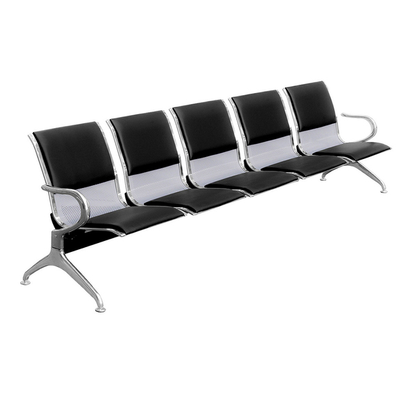 Cadeira Longarina Cromada 5 Lugares Com Estofado - Preta