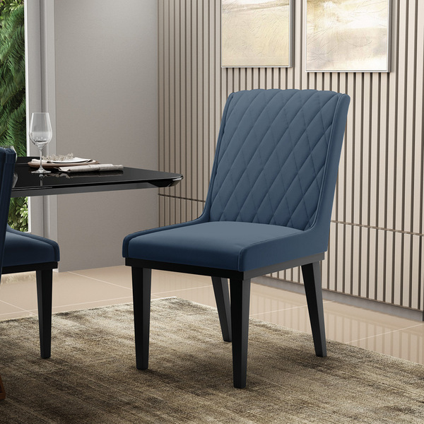 Cadeira Sala De Jantar Base Madeira Preto Sofia Suede Azul Ma