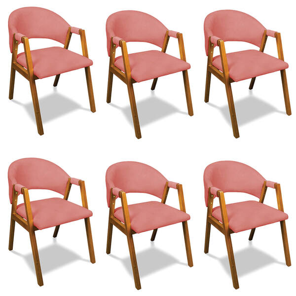Cadeira Sala De Jantar Em Madeira Kit 6 Yara Suede Rosê D03 -