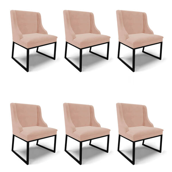 Cadeira Sala De Jantar Industrial Preto Kit 6 Liz Veludo Rosê