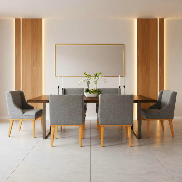 Cadeira Sala Jantar Kit 6 Liz Base Madeira Castanho Linho D03