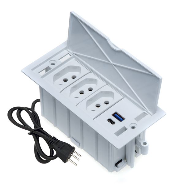 Caixa De Tomada 4 Blocos 3 Tomadas 10a 2 Usb 9.0a 1 Tipo C Br