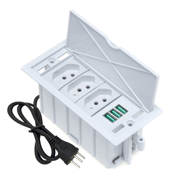Caixa De Tomada 4 Blocos 3 Tomadas 10a 3 Usb 5.2a Branco