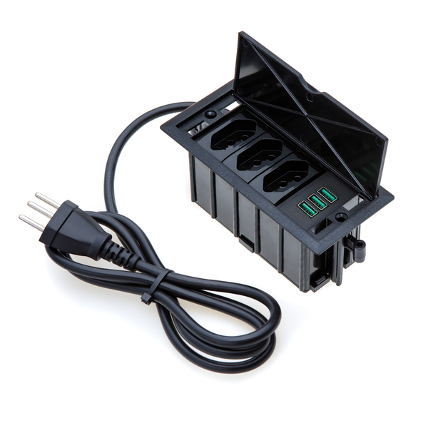 Caixa De Tomada 4 Blocos 3 Tomadas 10a 3 Usb 5.2a Preto