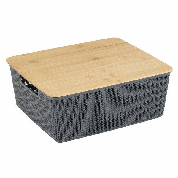 Caixa Organizadora com Tampa Plástico e Bambu Cinza Claro 12L 13,8x29,5x35,3 cm Oikos