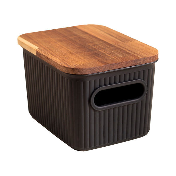 Caixa Organizadora Plástico Preta Canelada com Tampa de Acácia 16,5x12,5x10cm 10L Oikos
