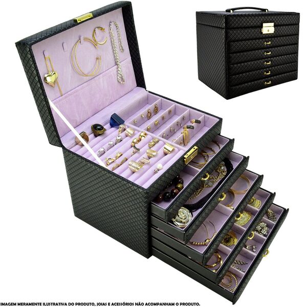 Caixa Para Joias Bijuteria 5 Gavetas Luxo Preto Cbrn10714