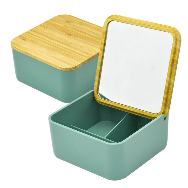 Caixa Porta Objetos Joias Brincos Anéis Com Espelho Bambu Ver