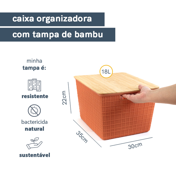 Caixa Organizadora com Tampa Plástico e Bambu Terracota 18L 22