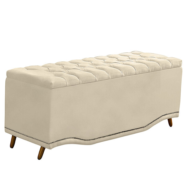 Calçadeira Baú King Size Estofada Maitê Veludo Bege