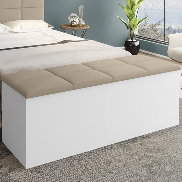 Calçadeira Bau Megh Branco Bege Para Cama De 140 Cm