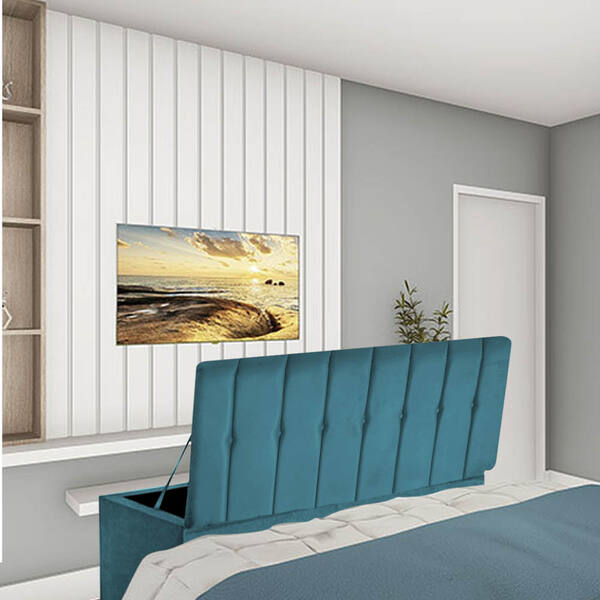 Calçadeira Baú Recamier King 190cm Kiara Suede Azul Turquesa