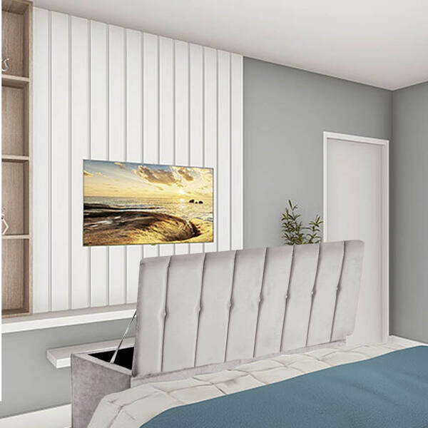 Calçadeira Baú Recamier Solteiro 90cm Kiara Suede Cinza Claro