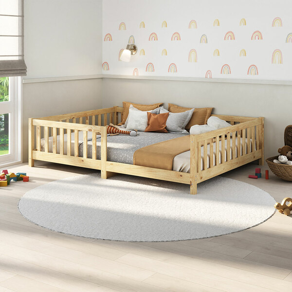 Cama  Montessori Casal Infantil Grade Madeira Chão Natural Eva