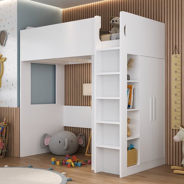 Cama Alta Infantil/juvenil Com Armário E Nichos  Branco