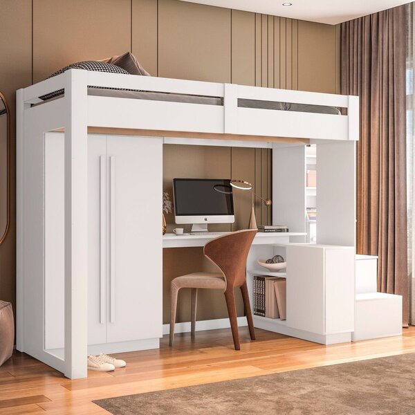 Cama Alta Office Adulto Com Roupeiro E Escrivaninha Moon Yesc