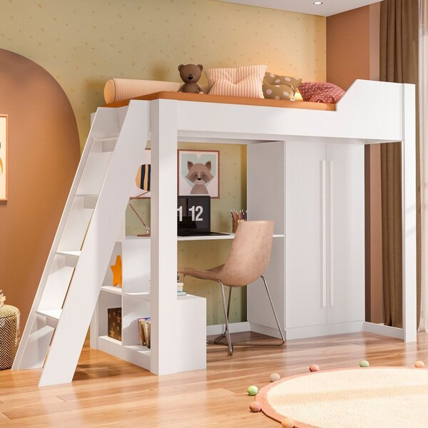 Cama Alta Office Infantil E Juvenil Com Escrivaninha E Roupei