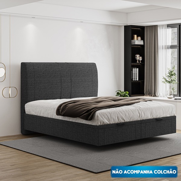 Cama Baú Flutuante Space Queen Size Linho - Skybox - Preto