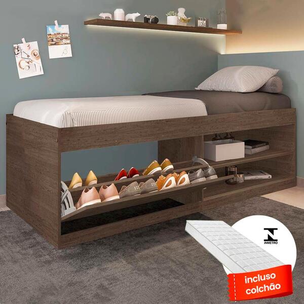 Cama Bau Solteiro Com Colchão E Sapateira Embutida Chocolate