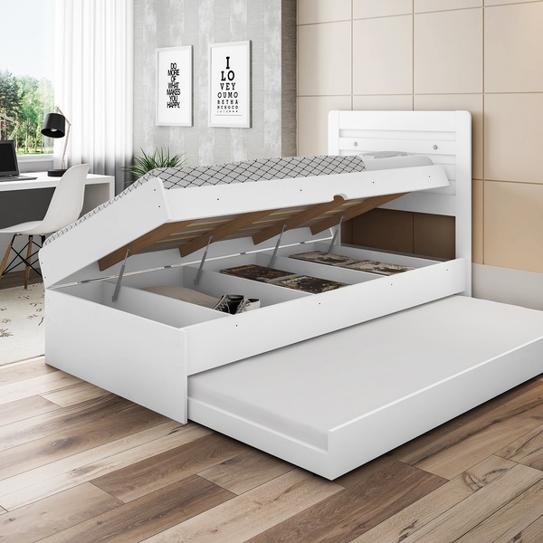 Cama Bau Solteiro Larissa Branca Com Auxiliar Framar