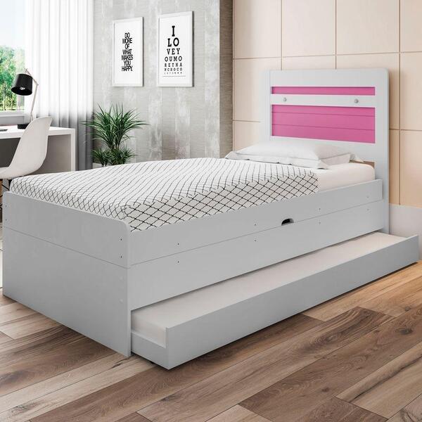 Cama Baú Solteiro Larissa Branco E Rosa Com Auxiliar