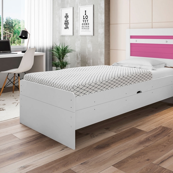 Cama Baú Solteiro Larissa Branco E Rosa Com Colchão