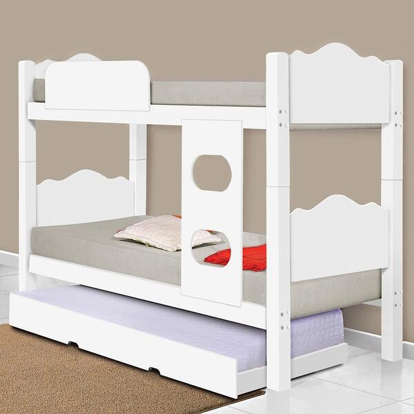 Cama Beliche Romeno Branco Com Auxiliar E Colchões