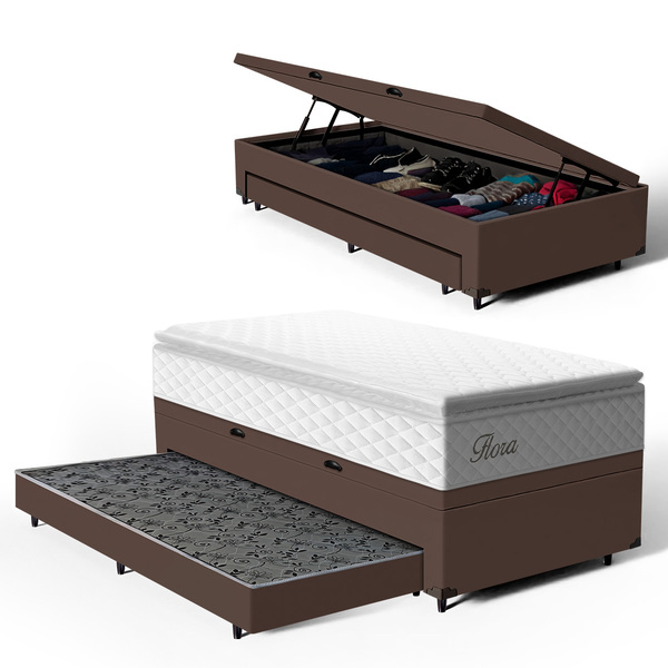 Cama Box Baú + Colchão De Molas Ensacadas Pillow Top Flora +