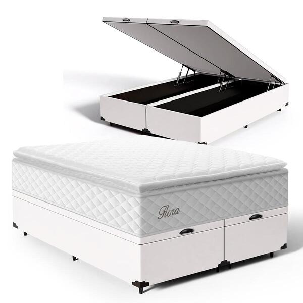 Cama Box Baú + Colchão De Molas Ensacadas Pillow Top Flora Qu