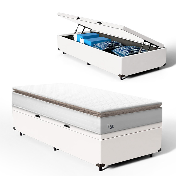 Cama Box Baú + Colchão De Molas Ensacadas Pillow Top Neve Sol