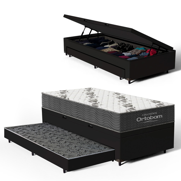 Cama Box Baú + Colchão Ortobom De Espuma D33 Airtech 100 + Au
