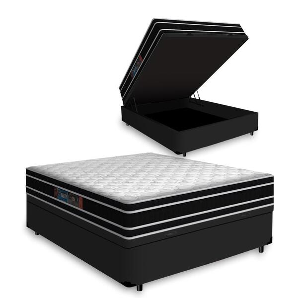 Cama Box Baú Casal + Colchão Castor De Espuma D33 - Black Whi