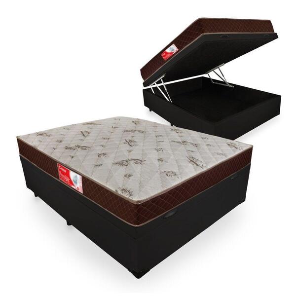 Cama Box Baú Casal+ Colchão Cristal 138x188x62cm Preto