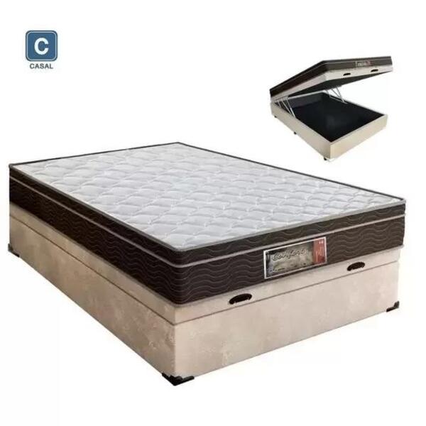Cama Box Baú Casal Colchão Molas Bonnel + Box Suede Bege 59x1