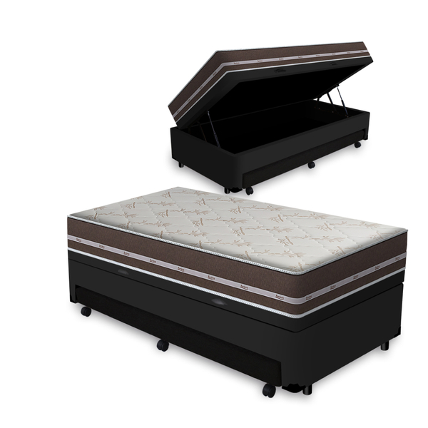 Cama Box Baú E Auxiliar Solteiro Preta + Colchão De Molas - A