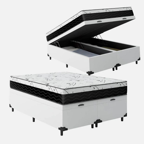 Cama Box Baú Queen Bipartido 158 Tecido Sintético Branco Com