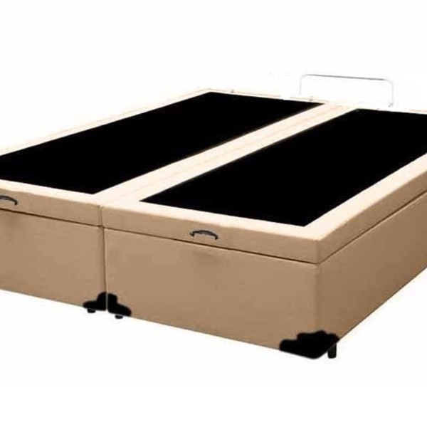Cama Box Baú Queen Bipartido Blindado Sintético Bege  Com Pis